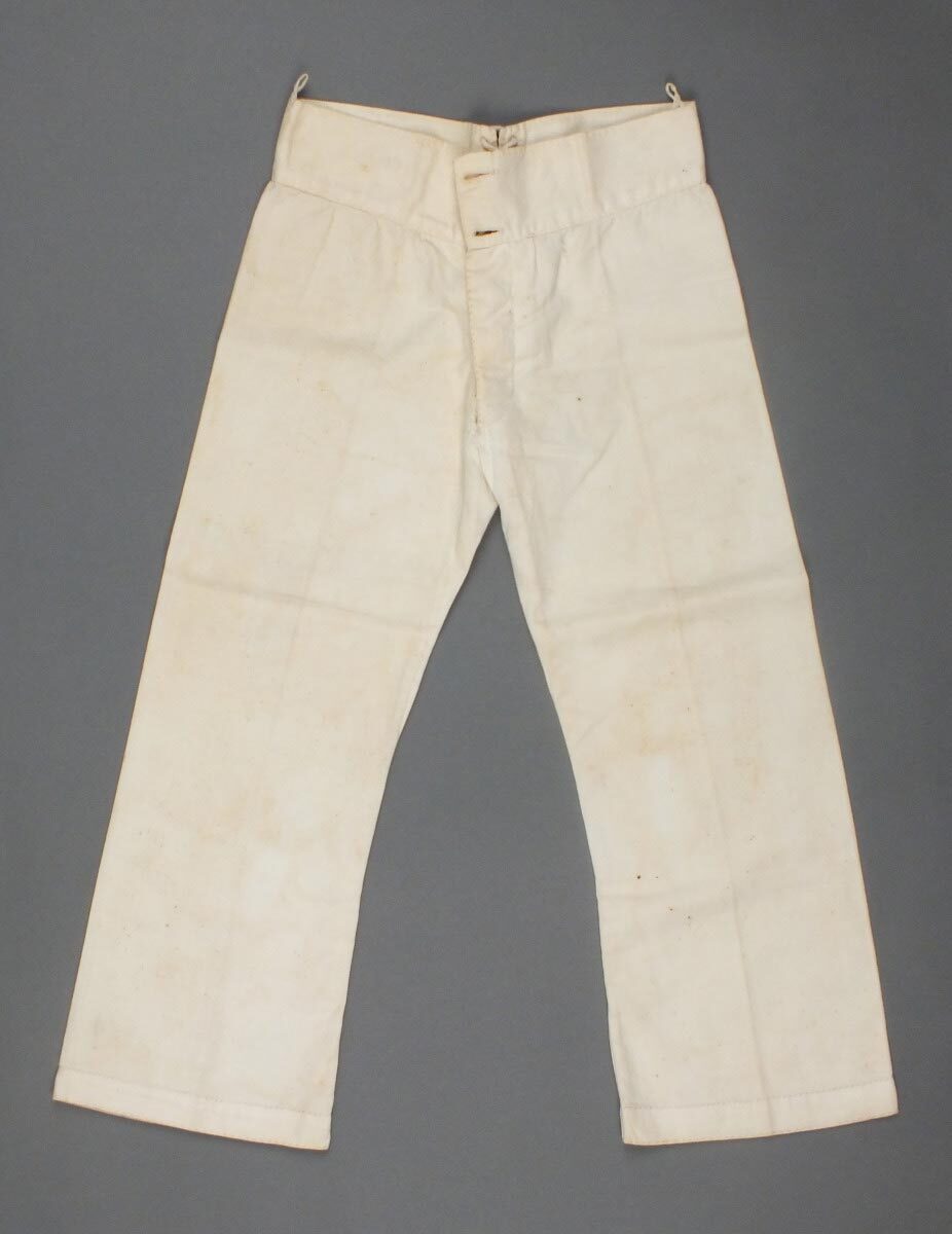 Sailors on board the bark Wyman, Child’s trousers, about 1857. Linen. Gift of Miss M. C. Harrington, 1957. M9244. Peabody Essex Museum.