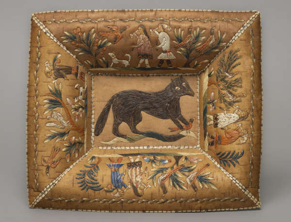 Huron artist, Calling card tray, before 1853. Birchbark and moose hair. Gift of Mr. and Mrs. Charles D. Carey, 1990. E77743. Peabody Essex Museum. Photo by Ani Geragosian/PEM.