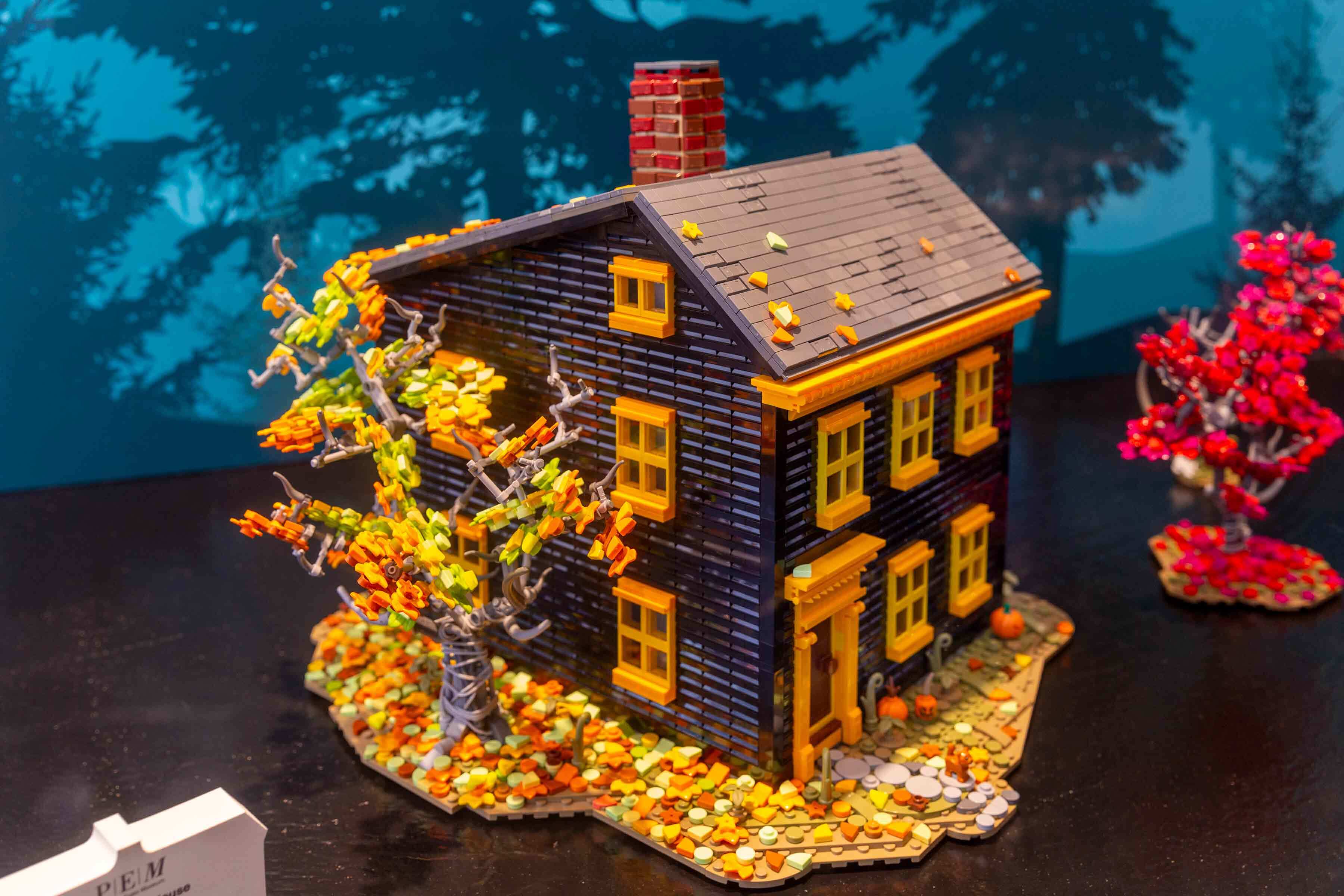 Daniel Bray House recreated with Lego bricks, part of the "Spooky Bricks" series, by Jeff Chapman. On display at 179 Essex Street, Salem, MA, 2024. Peabody Essex Museum. Photo by Kathy Tarantola/PEM.
