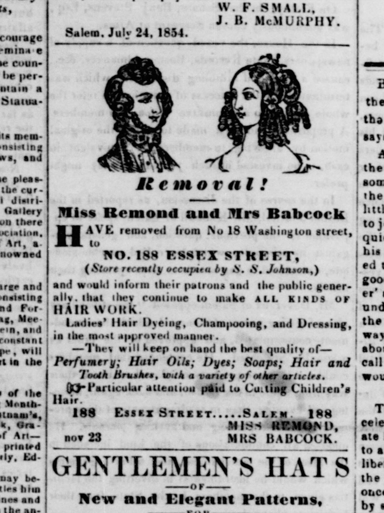 Advertisement for the salon operated by Cecelia Remond Babcock and her sister Maritcha Remond Lyons in Salem