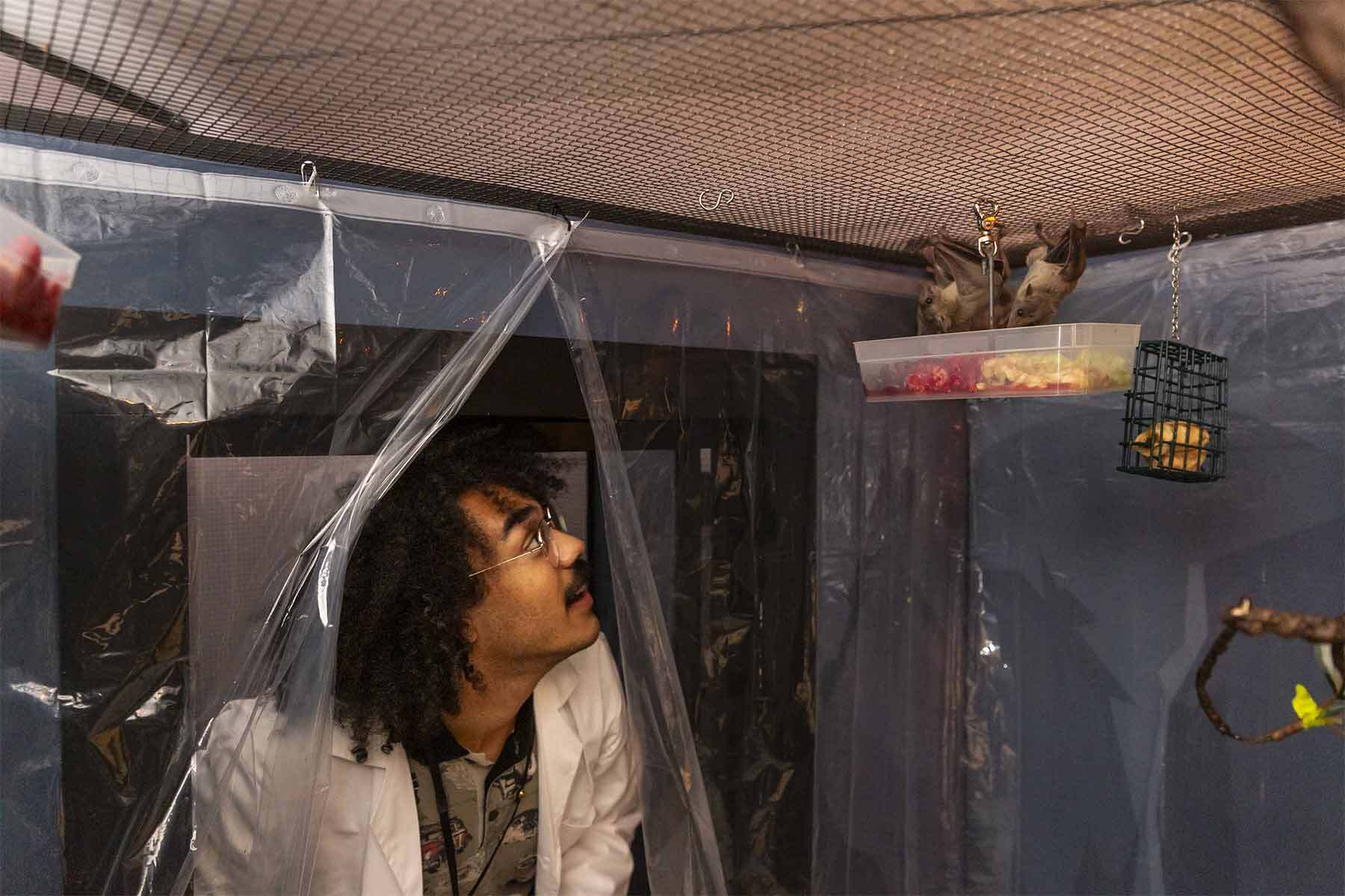 Nathan Peddie, Learning and Community Engagement Coordinator, helps wake and feed the colony of Egyptian fruit bats that lived in PEM’s Art & Nature Center in 2023. Photo by Kathy Tarantola/PEM. 