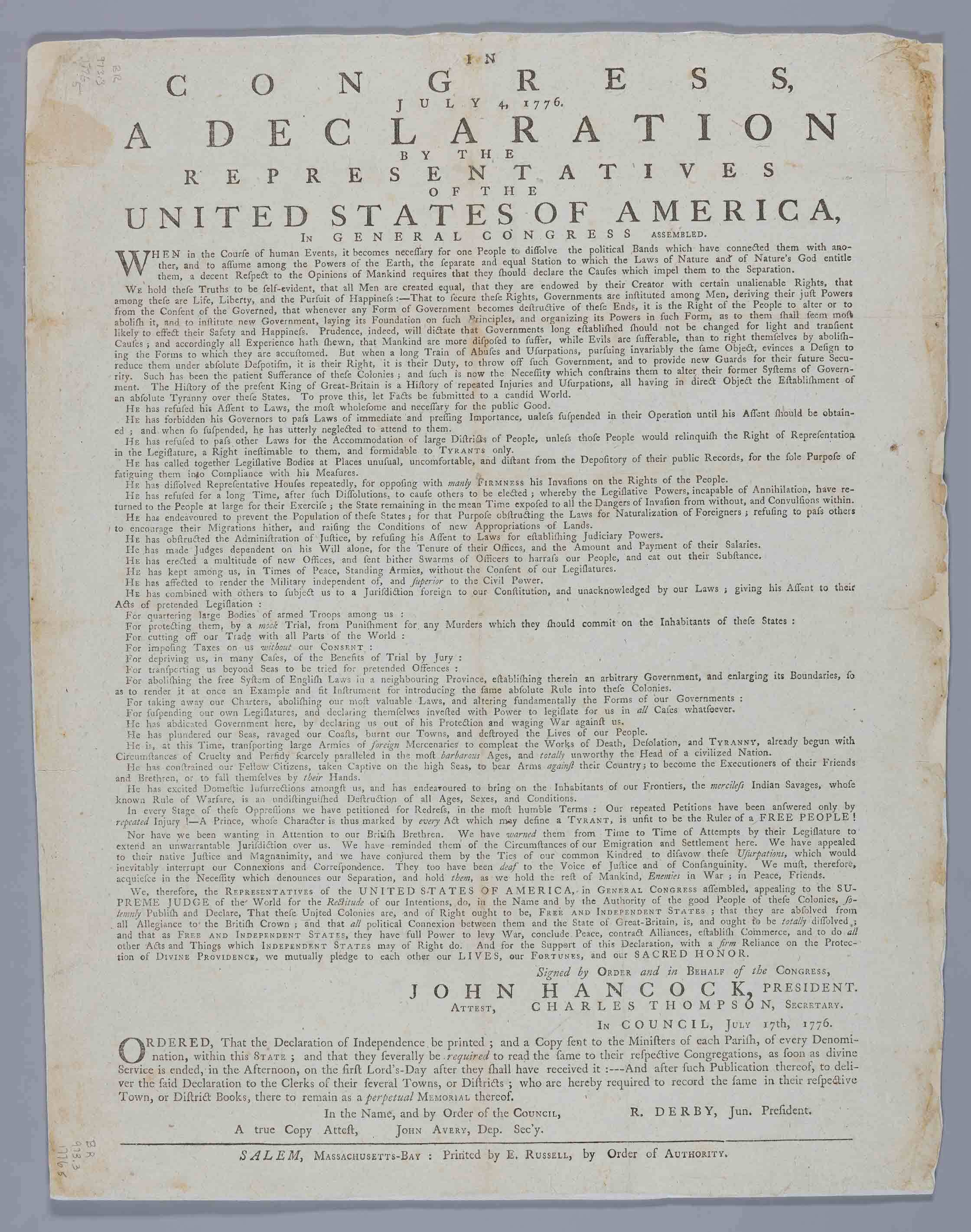 United States Continental Congress; Ezekiel Russell, printer, In Congress, July 4, 1776.