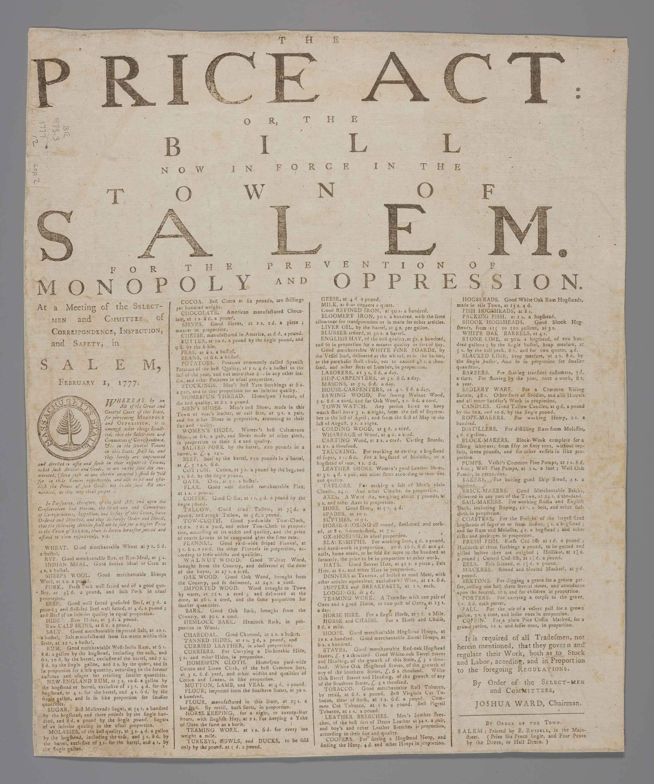 Select-Men and Committees in Salem, Massachusetts, and Ezekiel Russell, The Price Act: or, the Bill Now in Force in the Town of Salem, February 1, 1777.