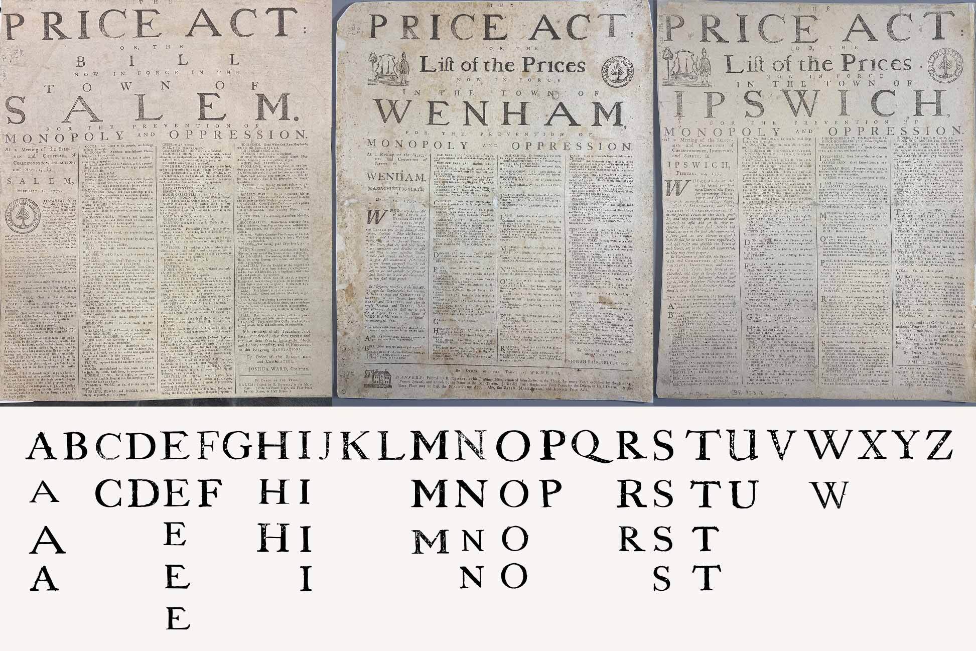 Alphabet of letters next to historic Price Act documents