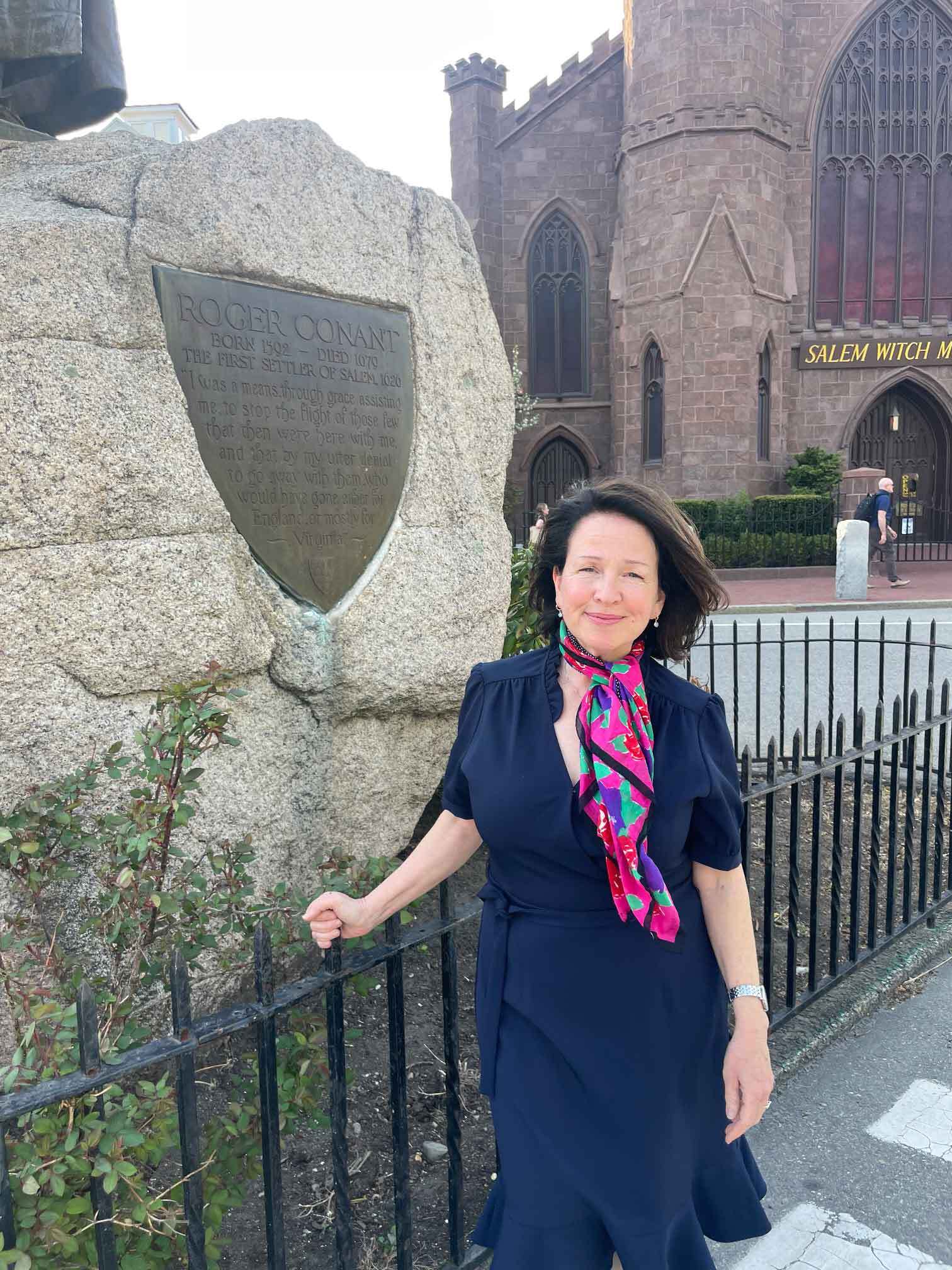 Karen Scalia with the Roger Conant statue near Salem Common. Courtesy of Karen Scalia.