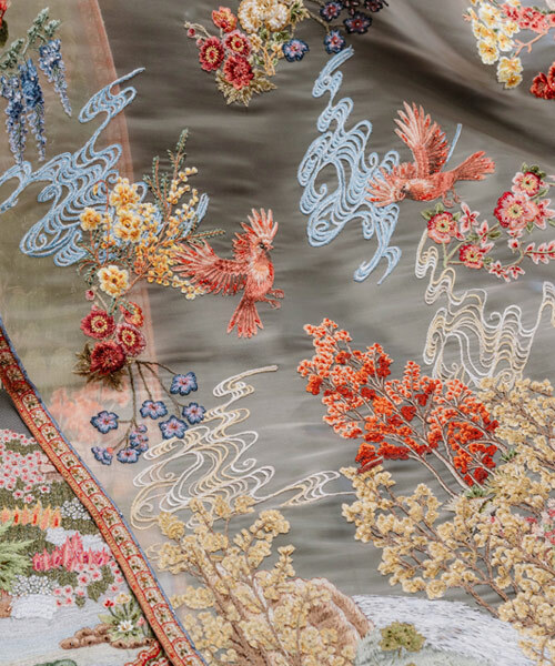 Stella lunardy dress details with chickens, birds and flowers