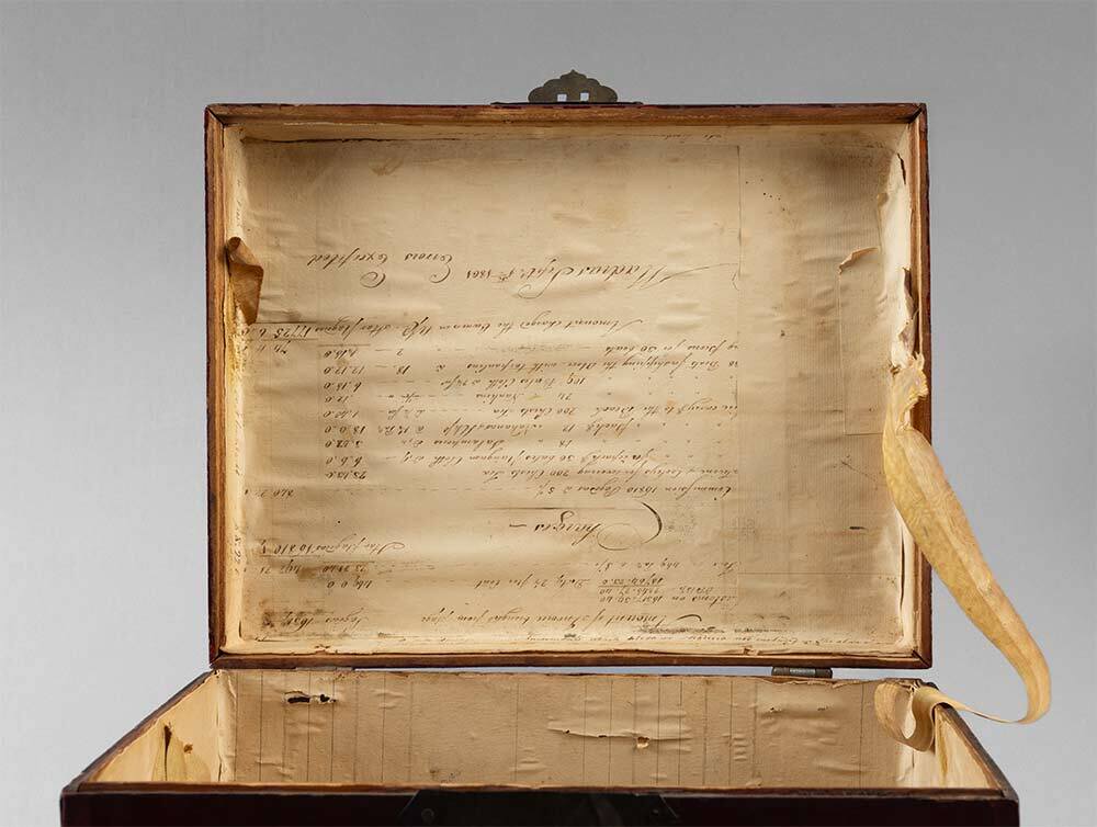Manuscript lining interior lid of tea chest showing invoice of charges from Madras