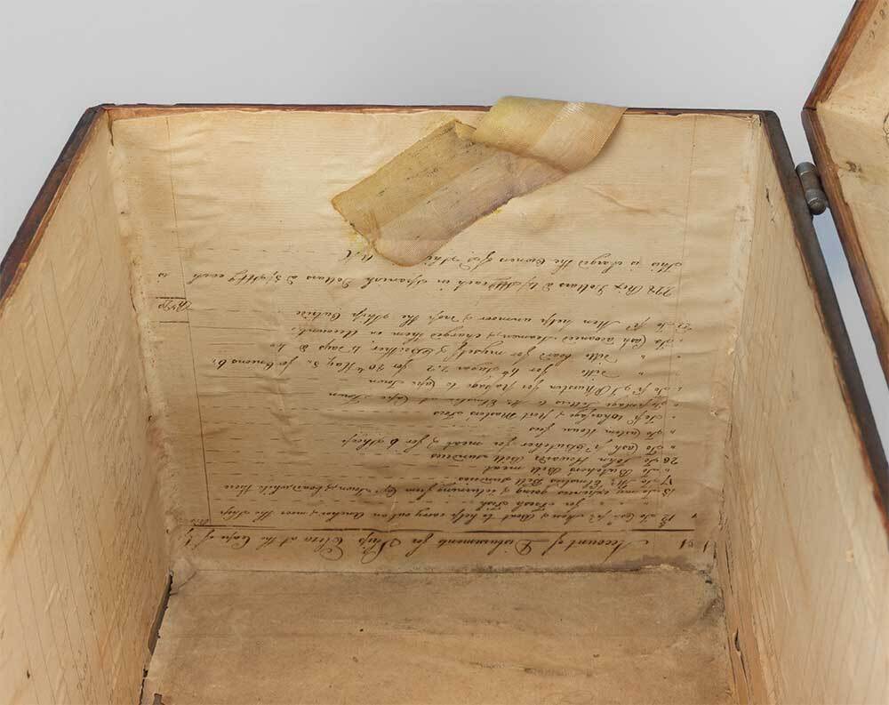 Closeup of document on interior of tea chest