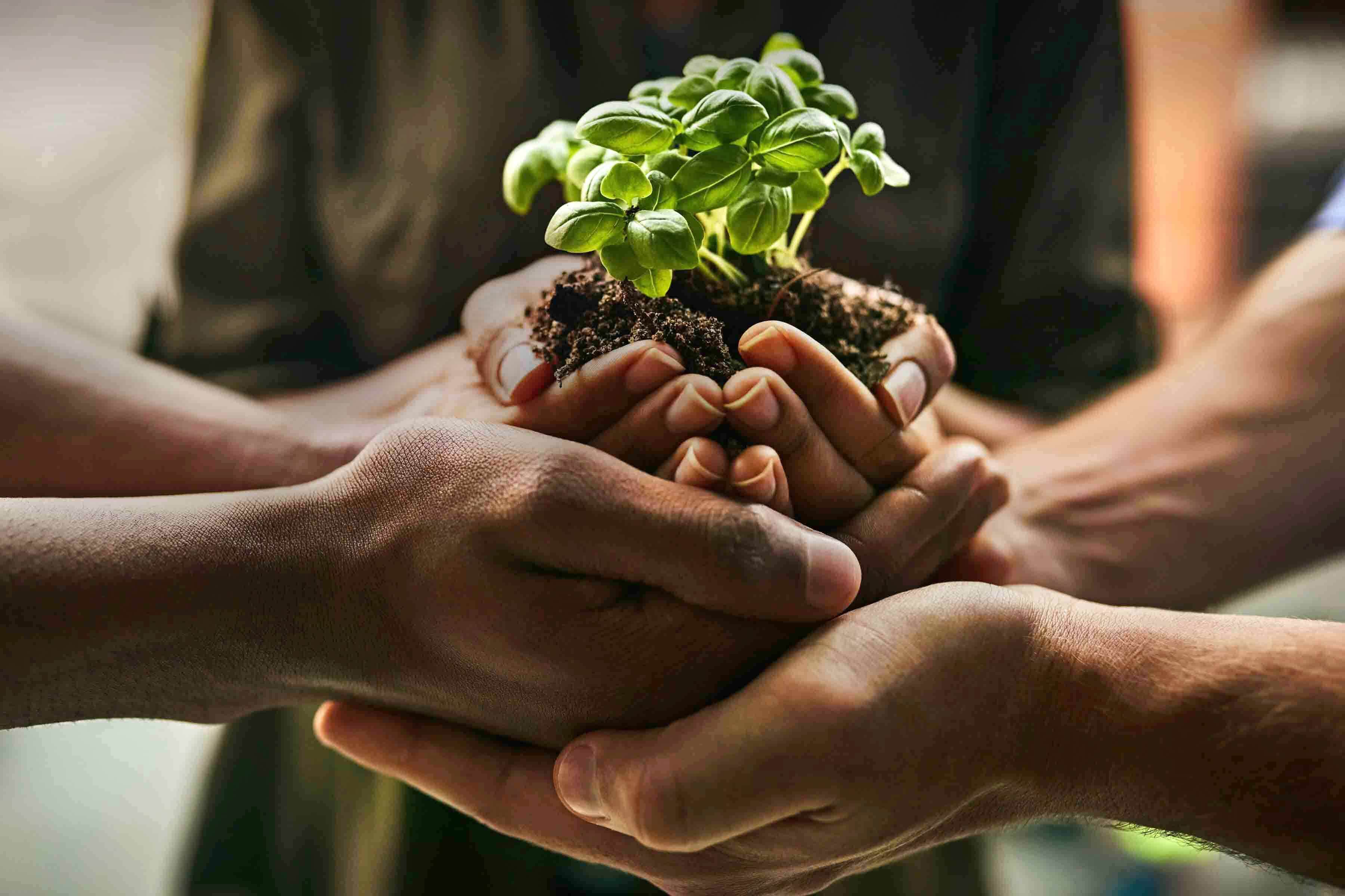 Sets of hands holding a young plant sprouting from some dirt.