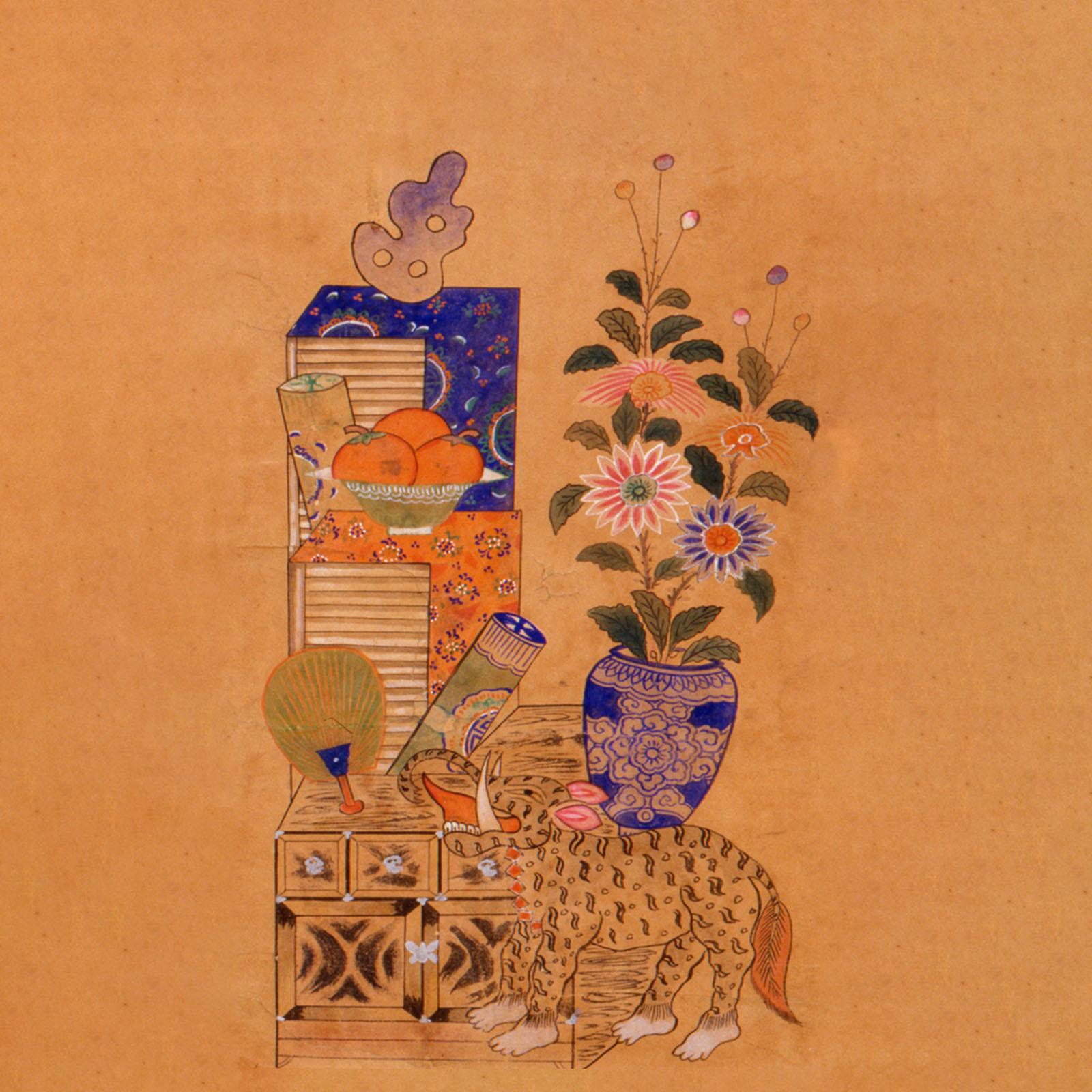Detail from eight-panel screen with Confucian virtue and scholar's accoutrements painting. Painting includes a vase of flowers and a bowl of oranges.