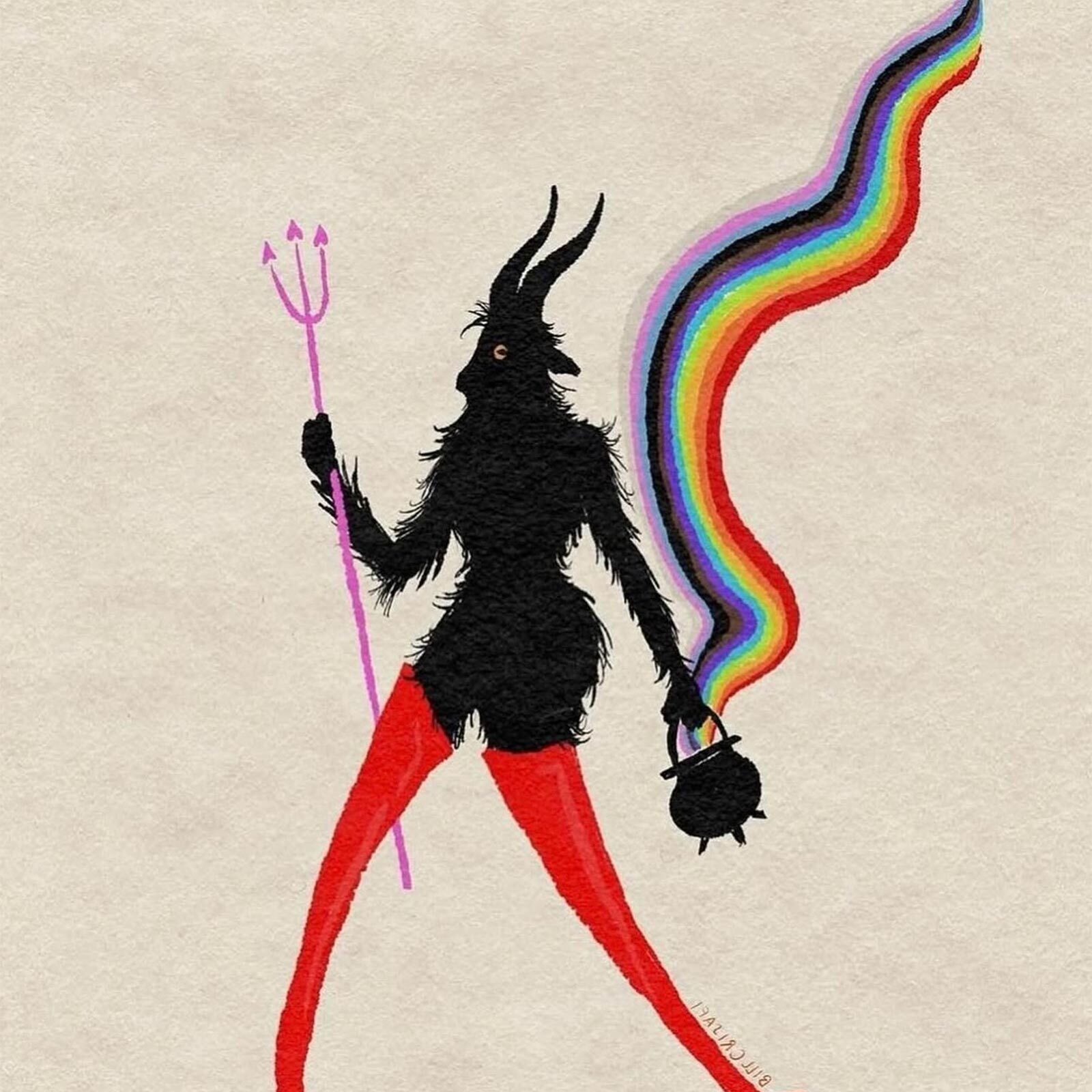 Illustration by Bill Crisafi featuring a demon figure wearing red boots and holding a pink trident and kettle with a rainbow coming out of it.