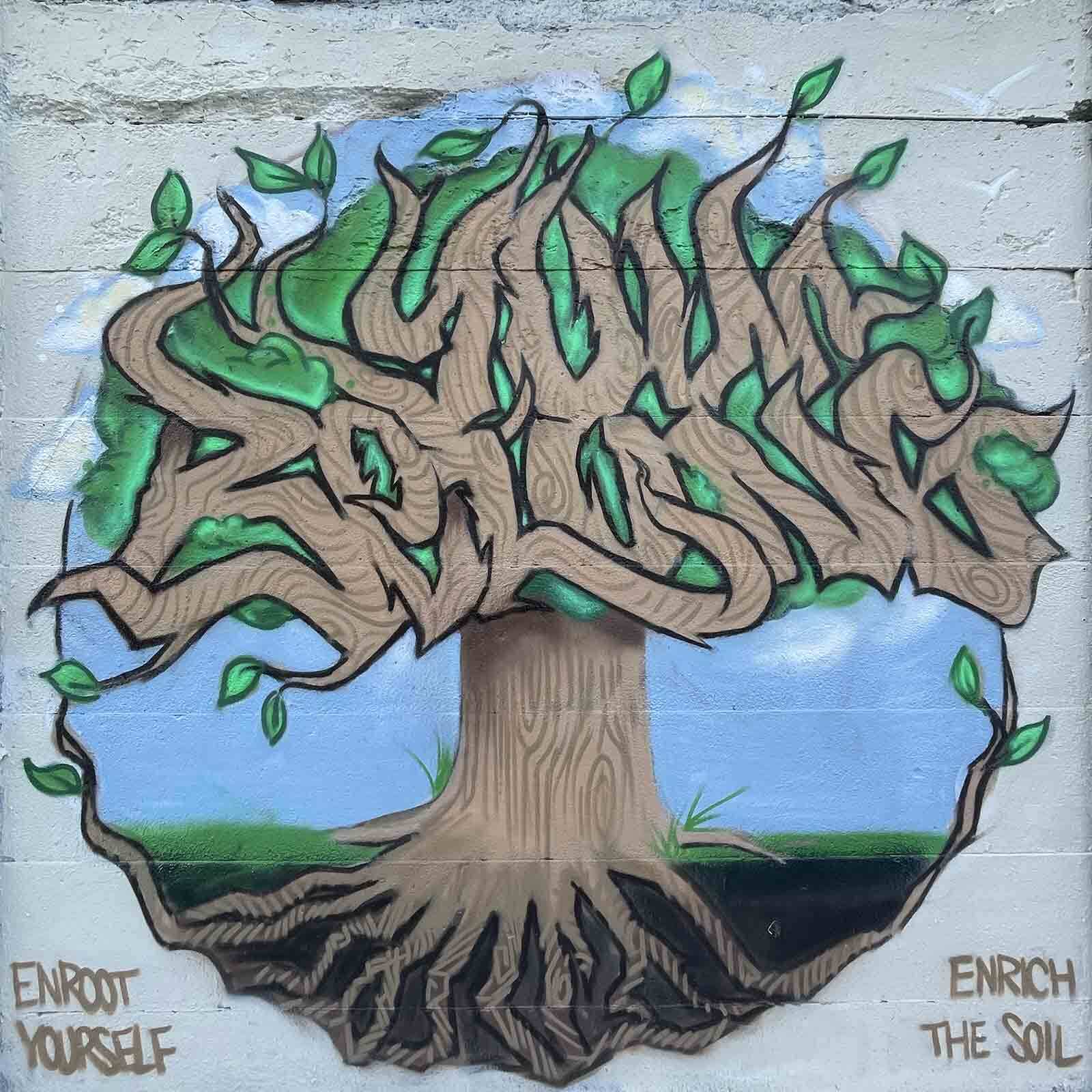 Mural of a tree with roots