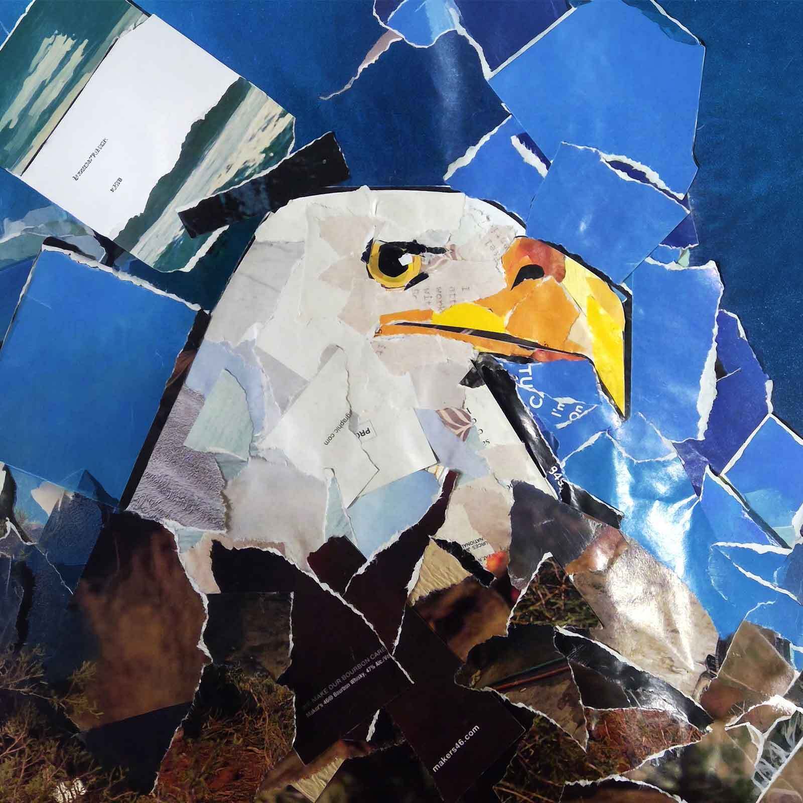 A torn-paper collage of a bald eagle with a yellow beak is layered against a textured blue background resembling sky and water.