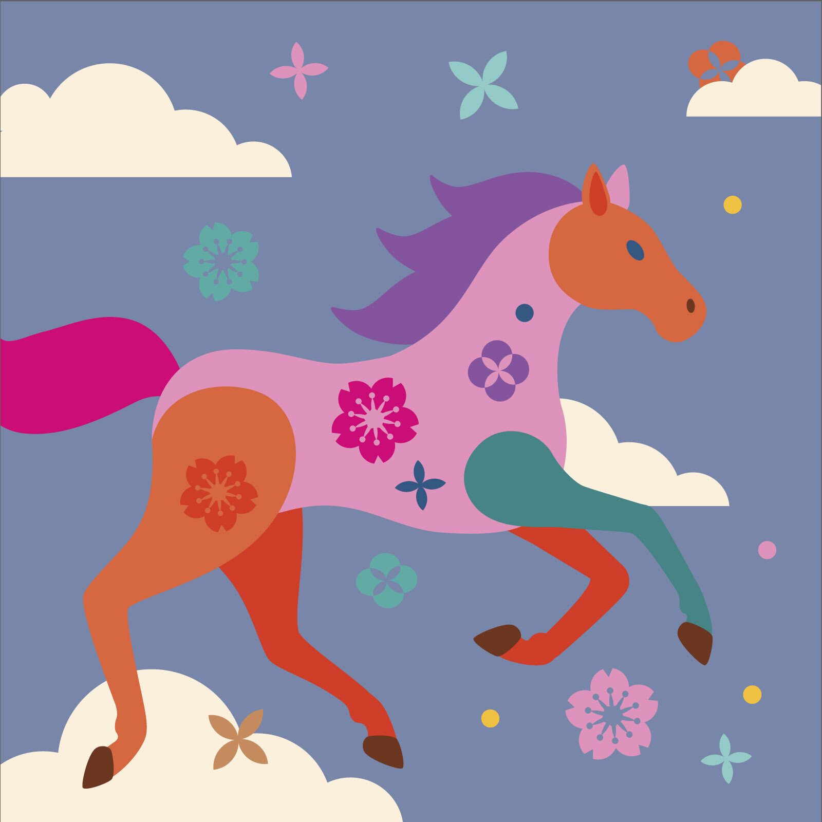 Illustration of a colorful horse standing on clouds