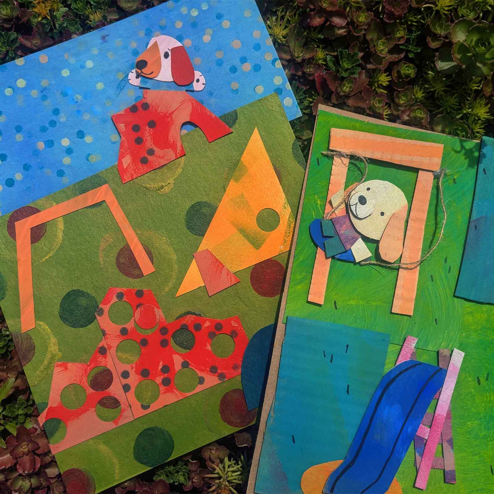 Noguchi-inspired collages featuring dogs on a playground
