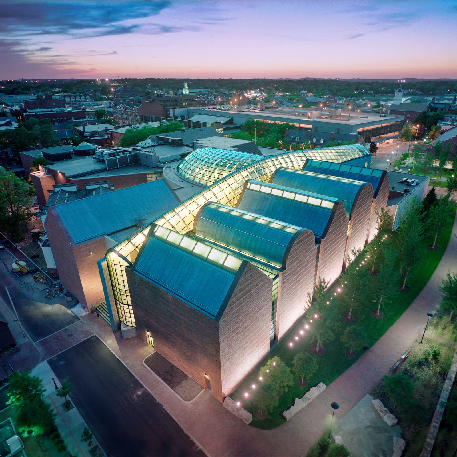 Aerial view of Peabody Essex Museum at night