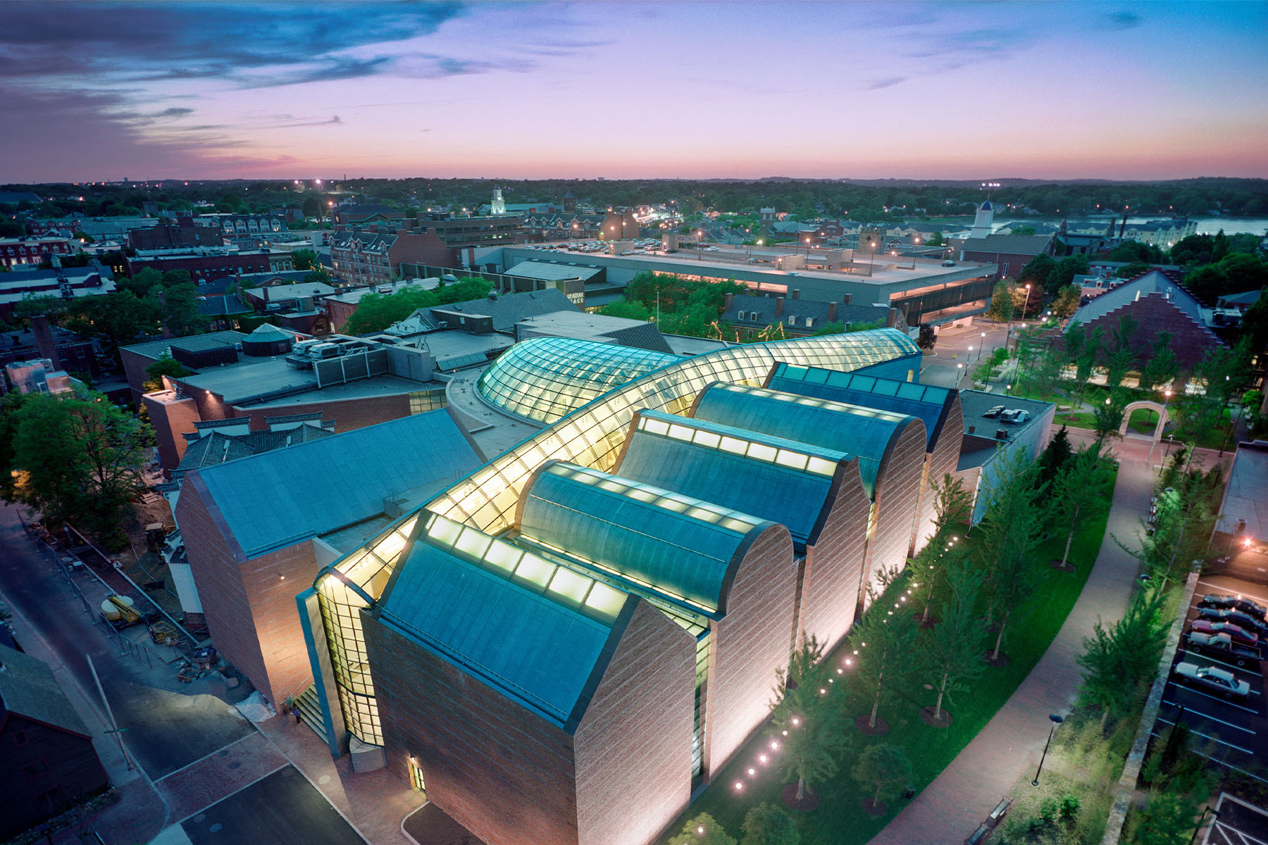 Aerial view of Peabody Essex Museum at night