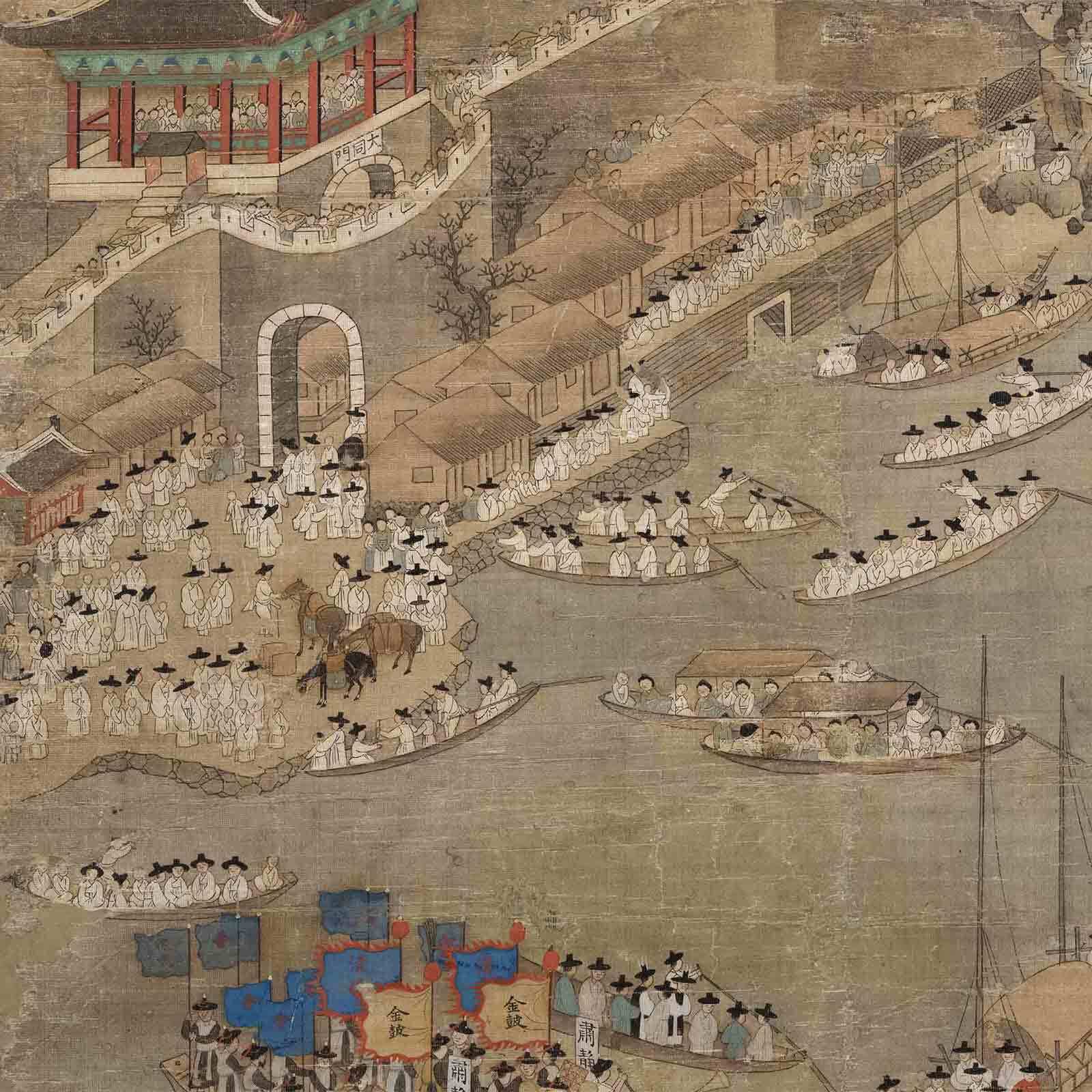 Detail of a painted silk screen depicting the Welcoming Banquet of the Governor of Pyeongan