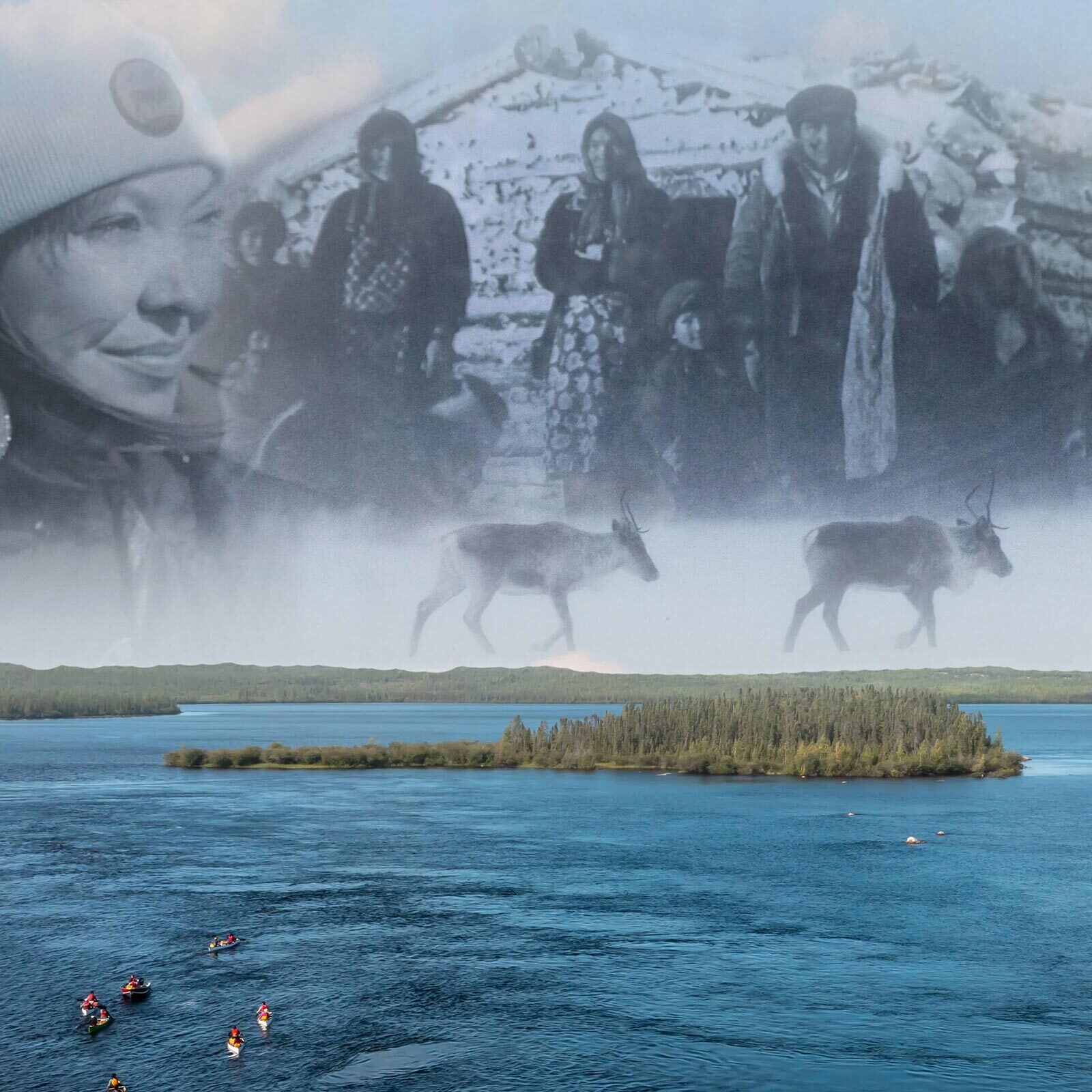 Photographs of Indigenous peoples overlaid on an aerial view of the Seal River Watershed