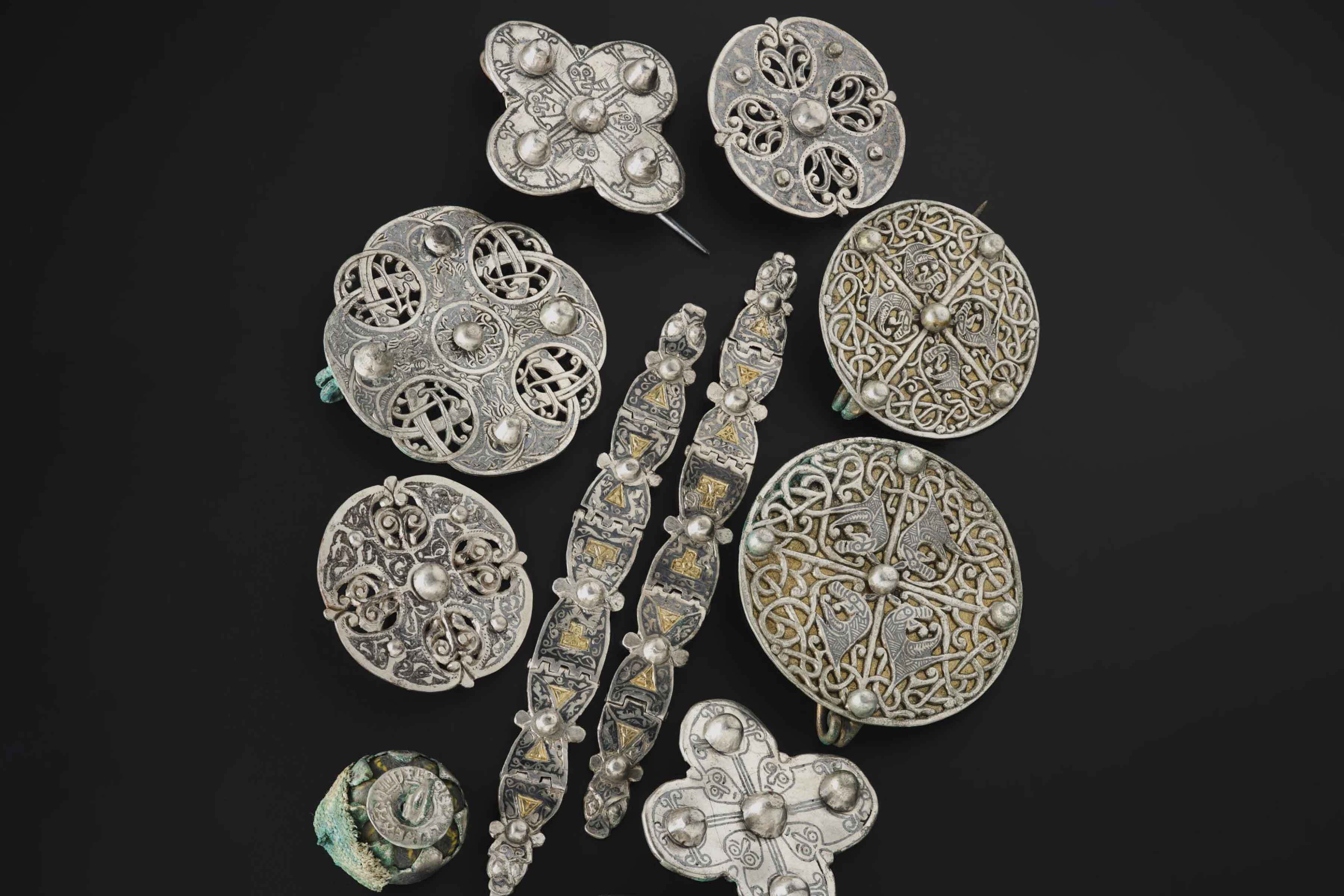 Anglo-Saxon metalwork from inside the lidded vessel from the Galloway Hoard. © National Museums Scotland.