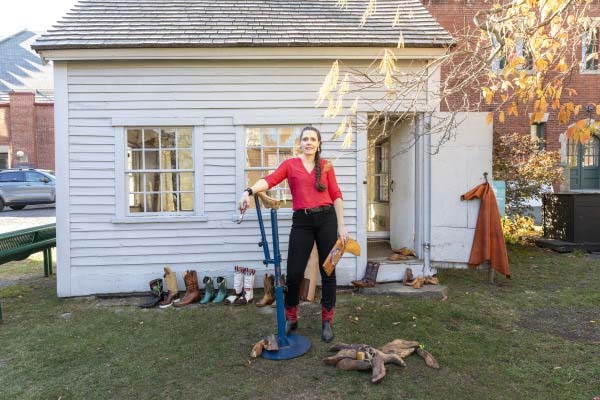 Sarah Madeleine T. Guerin at the Lye-Tapley shoe shop, 2025. Peabody Essex Museum. Photo by Kathy Tarantola/PEM.