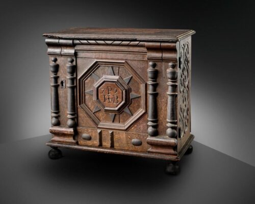 James Symonds, Valuables cabinet owned by Joseph and Bathsheba Pope, 1679. Oak, maple, iron, and paint. Museum purchase, made possible by anonymous donors, 2000. 138011. Peabody Essex Museum. Photo by Dennis Helmar.