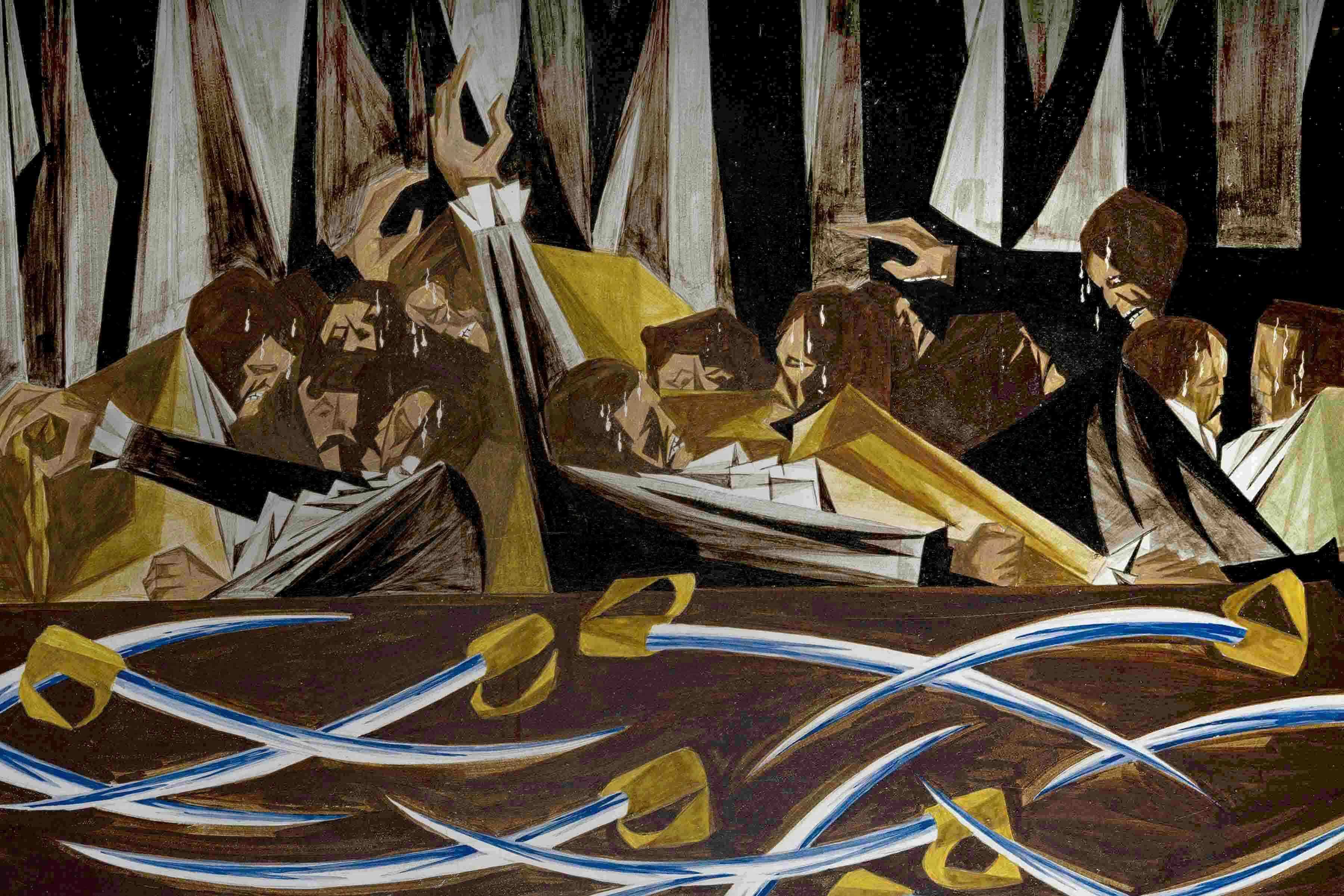 Panel 15, 1955, Harvard Art Museums/Fogg Museum, Francis H. Burr Memorial Fund, Richard Norton Fund, Henry George Berg Bequest Fund, Anonymous Fund in memory of Henry Berg, and Alpheus Hyatt Fund, 1995.23. © The Jacob and Gwendolyn Knight Lawrence Foundat