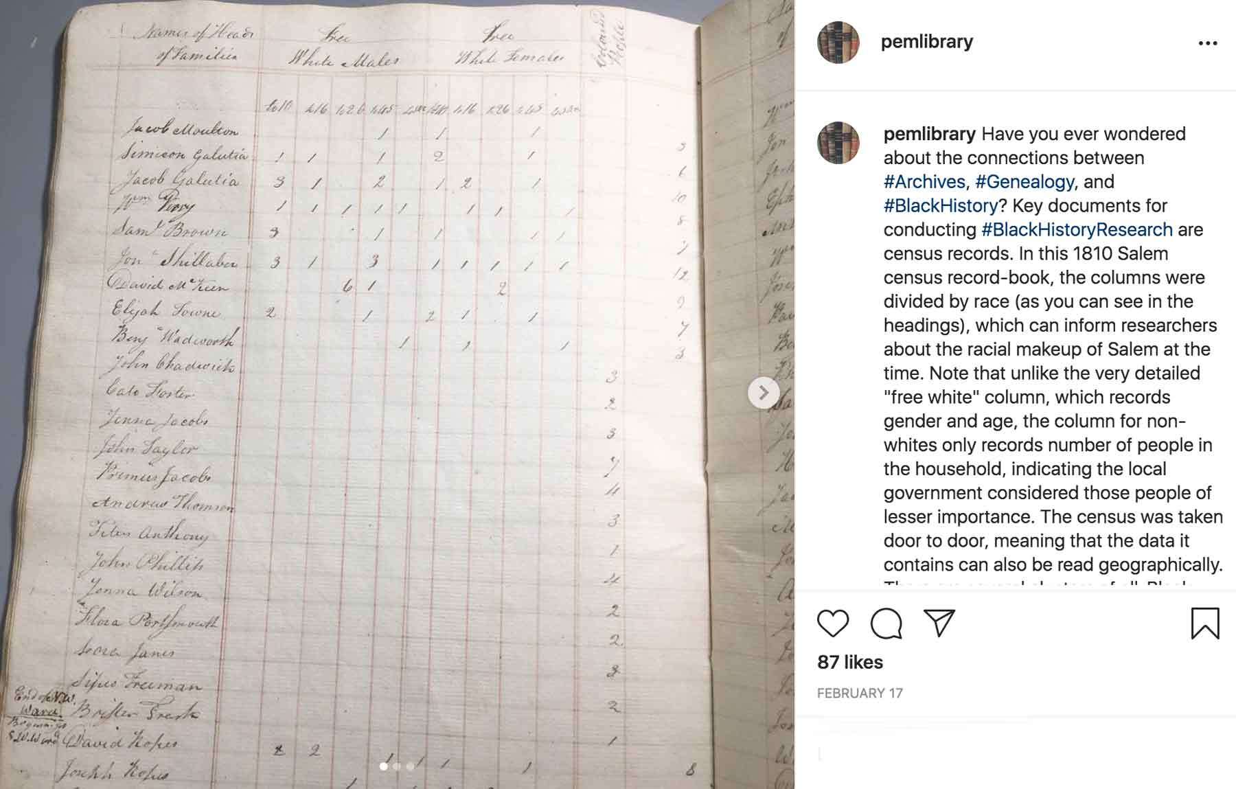 Instagram image of the 1810 census page in a book