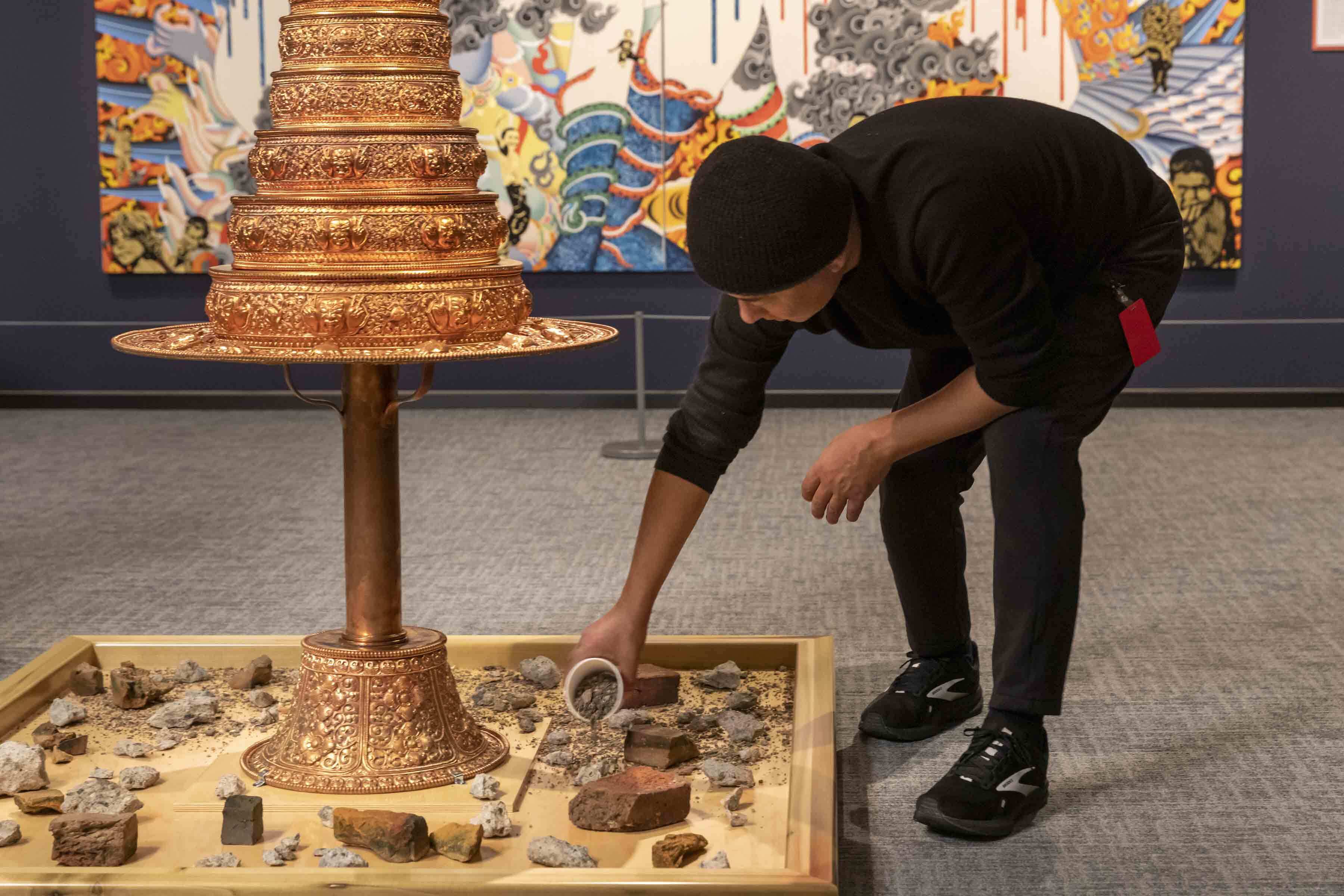 Installing the Wish-Fulfilling Tree, 2016. Copper repoussé mandala, found objects, and rubble. A collaboration with Rajen Shah and team, Kathmandu, Nepal. Courtesy of The Rubin Museum of Art, New York. Spirits: Tsherin Sherpa with Robert Beer exhibition a