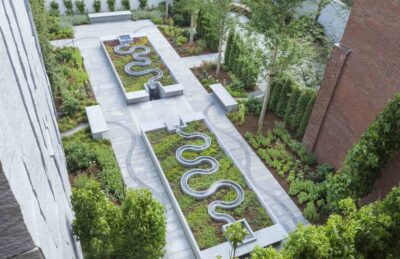 An aerial view of the new museum garden