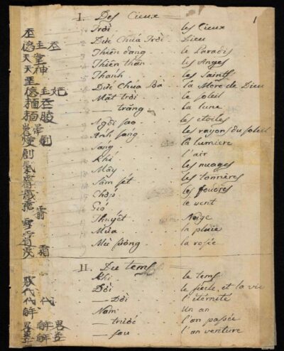 The second dictionary, Vocabulaire domestique Cochinchinois Français, may be the earliest surviving Vietnamese-French dictionary