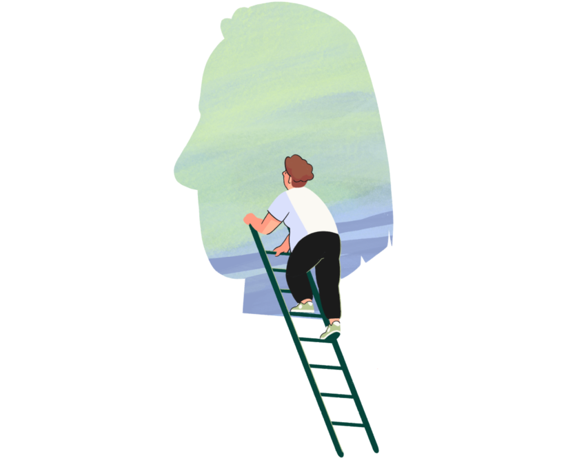 Man climbing up a ladder into an attic shaped as a person's head showcasing the desire to explore other perspectives and be empathetic