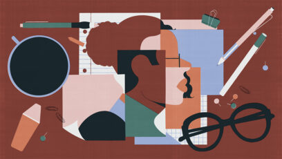 Illustration of a woman, glasses and coffee