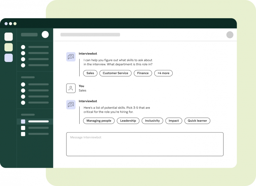 Thumbnail of the interviewbot Slack integration in action, with question prompts such as "I can help you figure out what skills to ask about in this interview" and response choices such as "sales," "customer service," "finance," and more.
