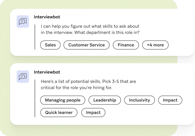 Screenshot of example prompts from Interviewbot, such as "Here's a list of potential skills. Pick 3-5 that are critical for the role you're hiring for."