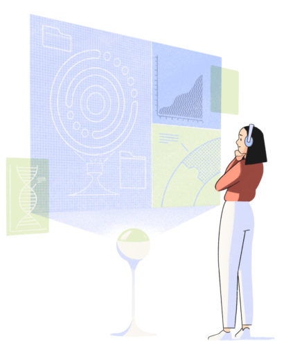 Woman with headphones on looking at a large screen of complex data.