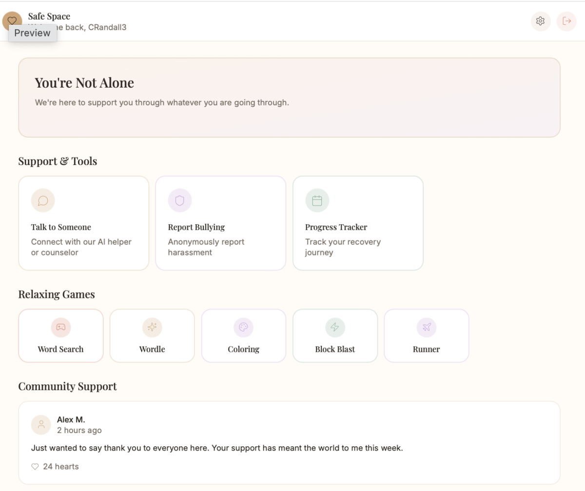 Access page to supports relaxing games and community access