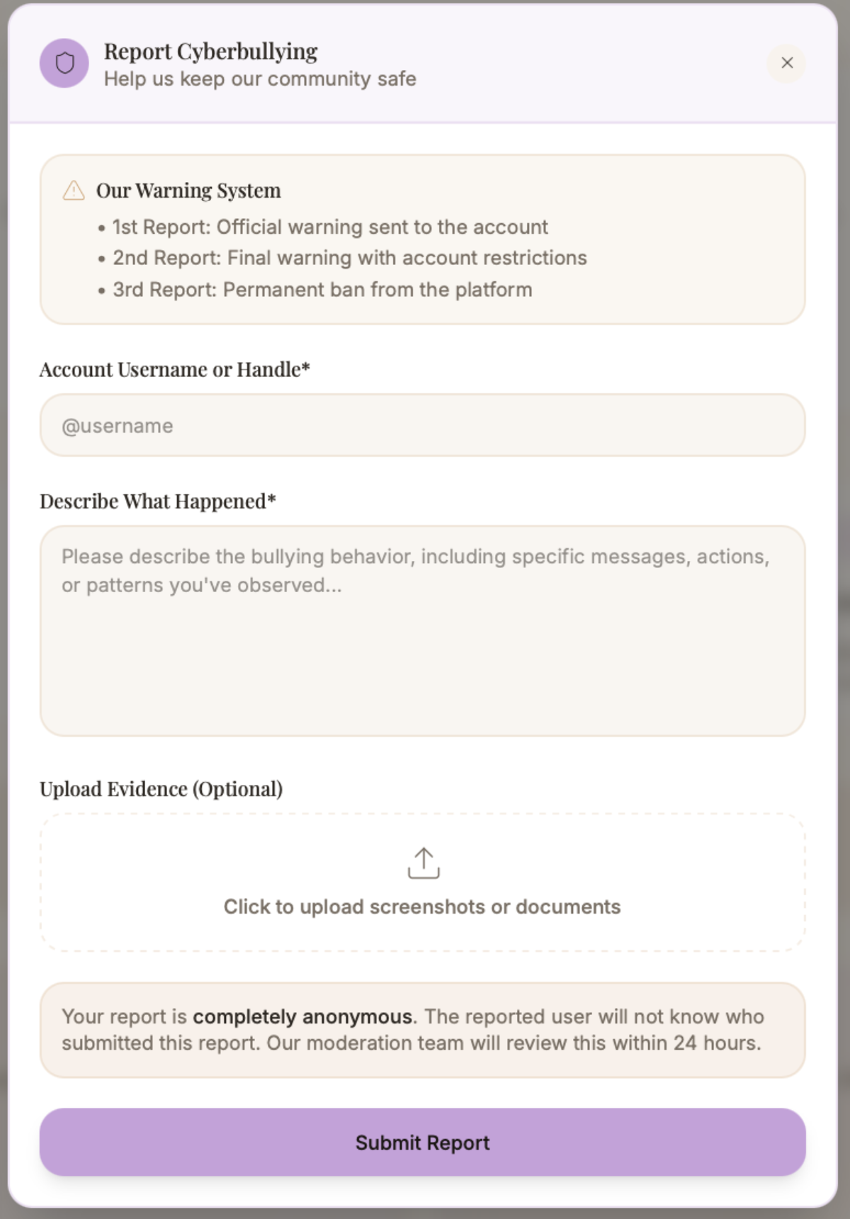 Cyberbullying support feature