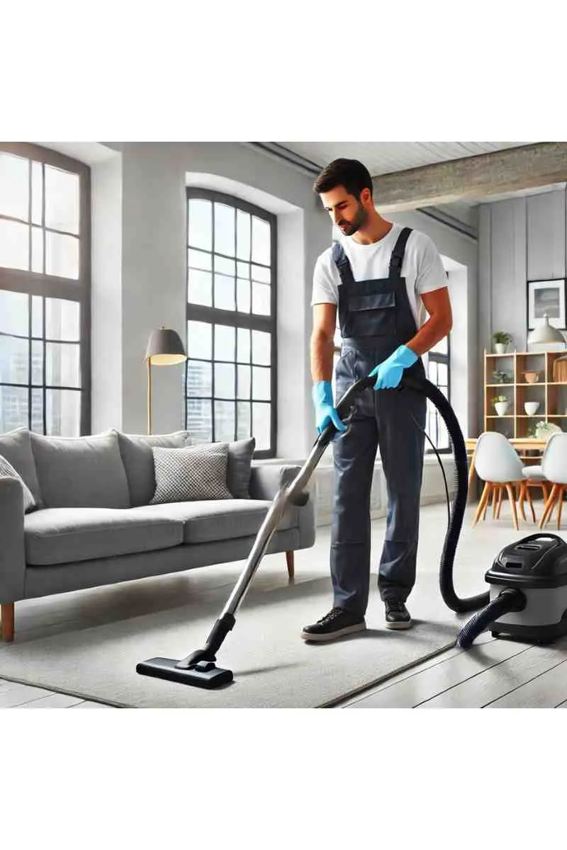 A professional cleaner vacuuming the floor of a bright, modern living room with large windows, natural light, a stylish sofa, and a cozy, clean atmosphere, reflecting freshness and same-day cleaning service results