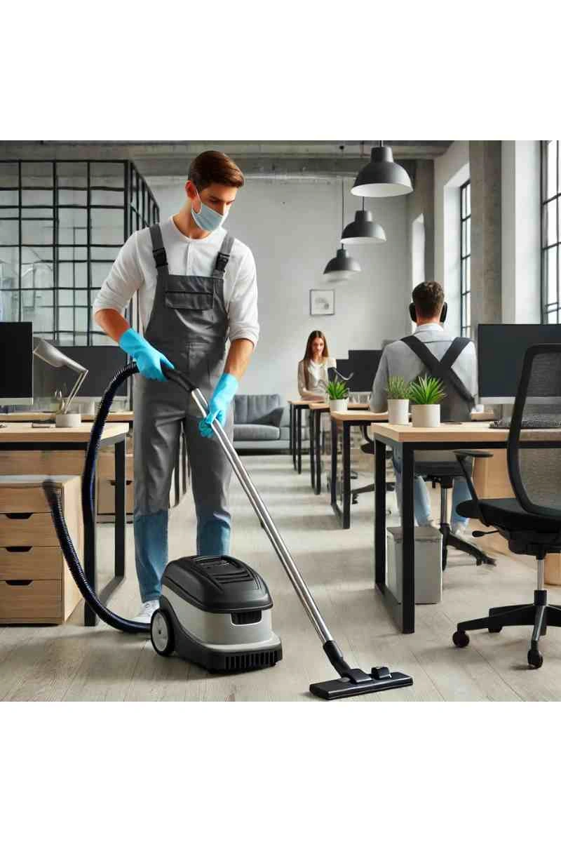 A professional cleaner vacuuming the floor of a bright, modern office space with sleek desks and ergonomic chairs, showcasing commercial cleaning services.