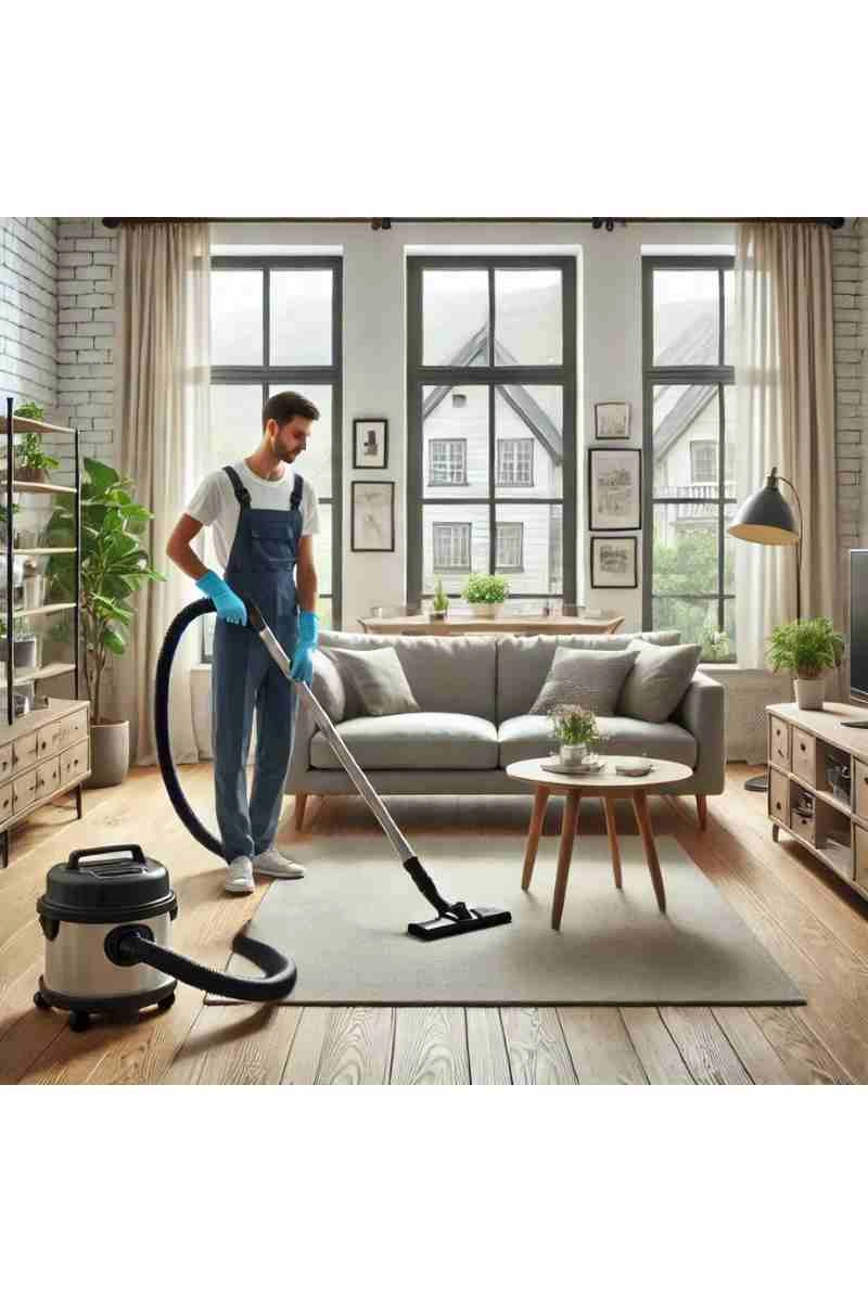 A professional cleaner in uniform mopping a modern kitchen with a clean countertop and spotless sink, highlighting professional and eco-friendly house service cleaning