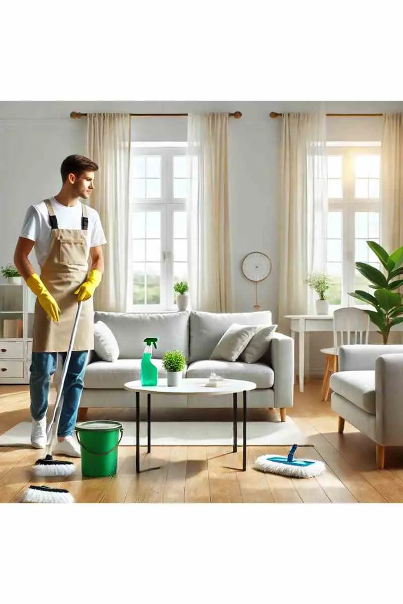 A professional cleaner in uniform using eco-friendly cleaning products to clean a bright living room with a sofa, coffee table, and natural light streaming through large windows, showcasing green and clean home services.