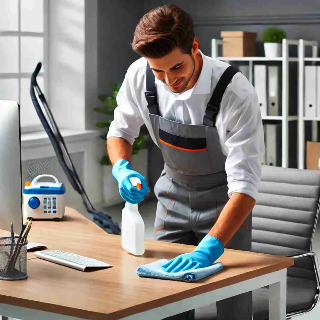 A professional commercial cleaner in uniform sanitizing an office space, wiping down a desk with a cloth and spray bottle, with a vacuum and other cleaning supplies nearby, emphasizing high-quality commercial maid services