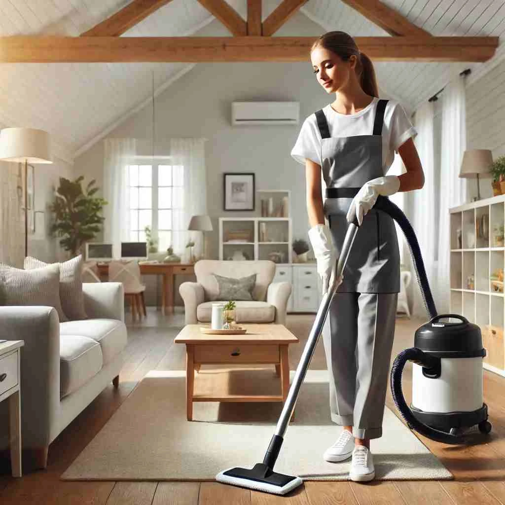 Professional female house cleaner in uniform cleaning a modern, tidy home living room, representing residential cleaning services