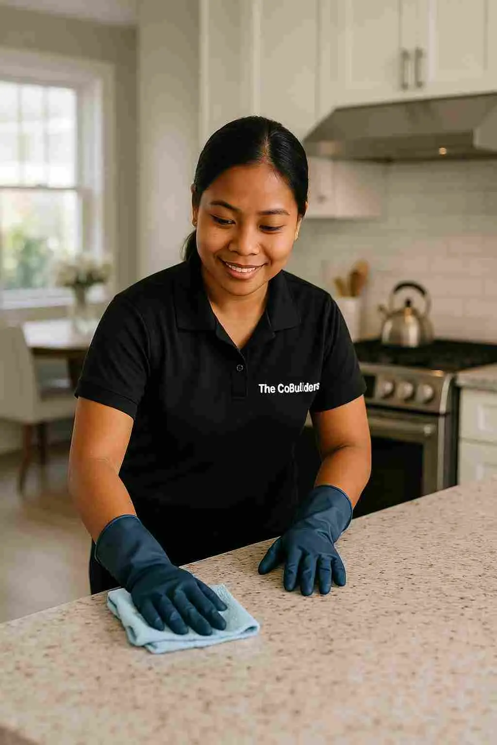 A professional Filipino female cleaner, with "The CoBuilders" label, wiping down a kitchen countertop in a well-lit home, representing trustworthy house cleaning services.
