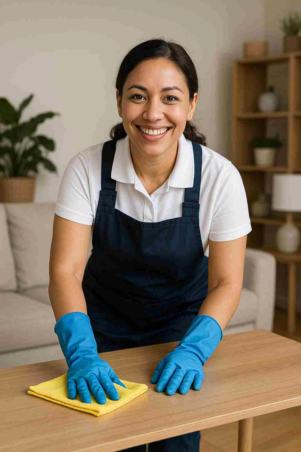 Smiling professional cleaner wiping down a living room table—showing a trustworthy alternative to gig-based cleaning platforms.