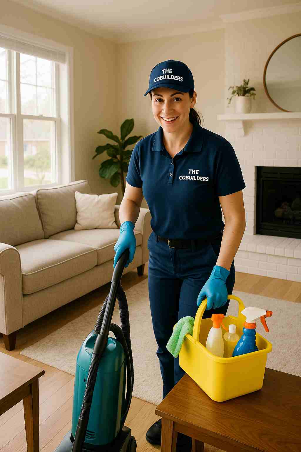 Professional cleaner with "The CoBuilders" label on their uniform providing the best cleaning services near me in a bright Grand Island Nebraska living room