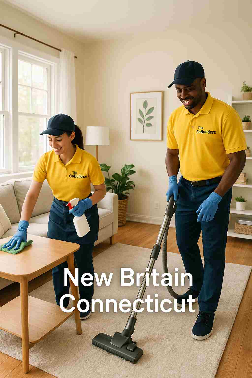 Two professional cleaners with "The CoBuilders" label on their uniforms providing home cleaning service near me in a bright New Britain Connecticut living room