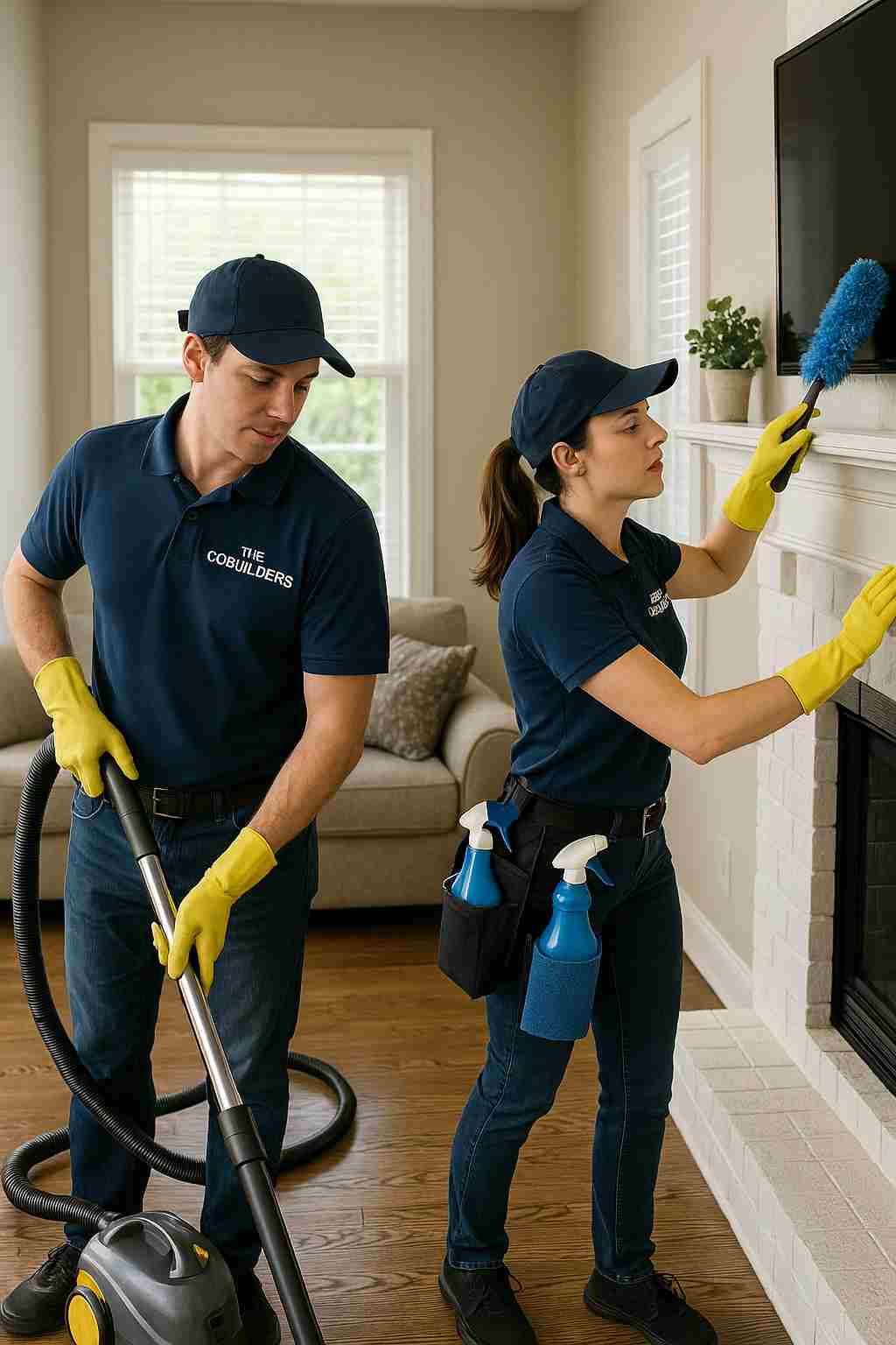 Professional cleaners with "The CoBuilders" label on their uniform providing household cleaning services near me in a Hood County Texas home