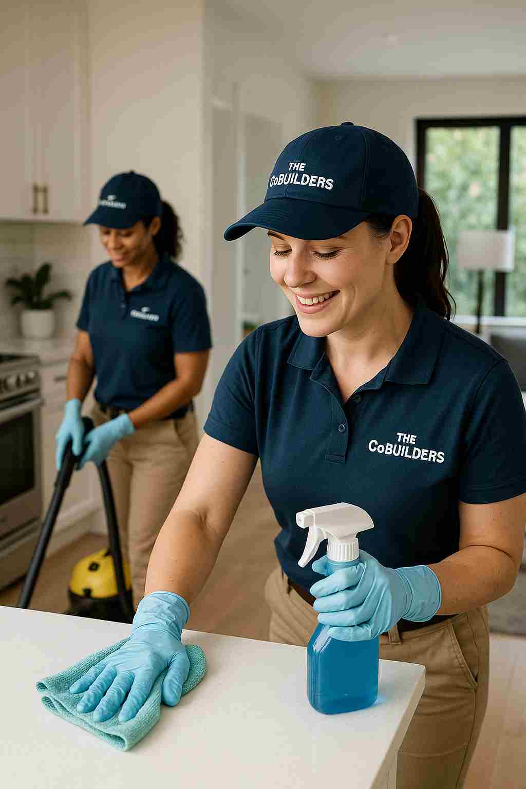 Professional house cleaners with "The CoBuilders" label on their uniform, providing trusted house cleaning services near me in a modern home